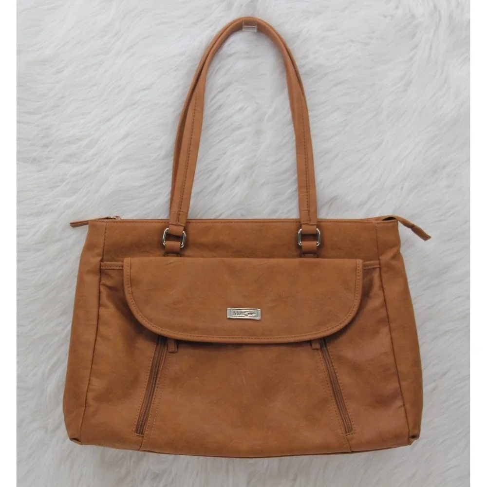 MultiSac Shoulder Purse Laptop Bag Tan Leather Look Several Compartments Classic